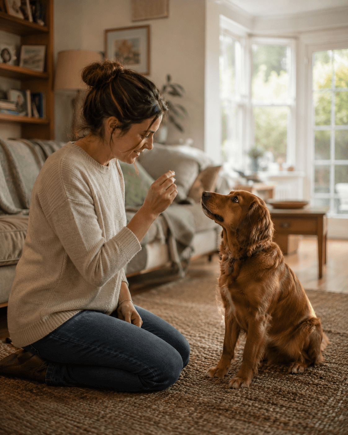 An accredited behaviourist rewarding a dog during an at-home session