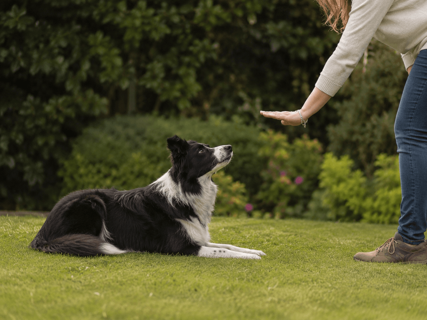 A dog trainer giving a hand signal to a border collie in a down-stay